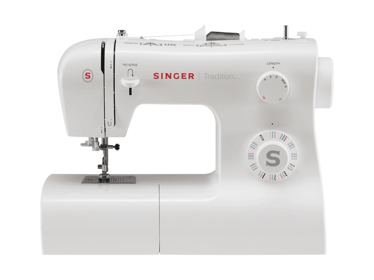 Weiße Nähmaschine mit Einstellrädern und Stichmustern.