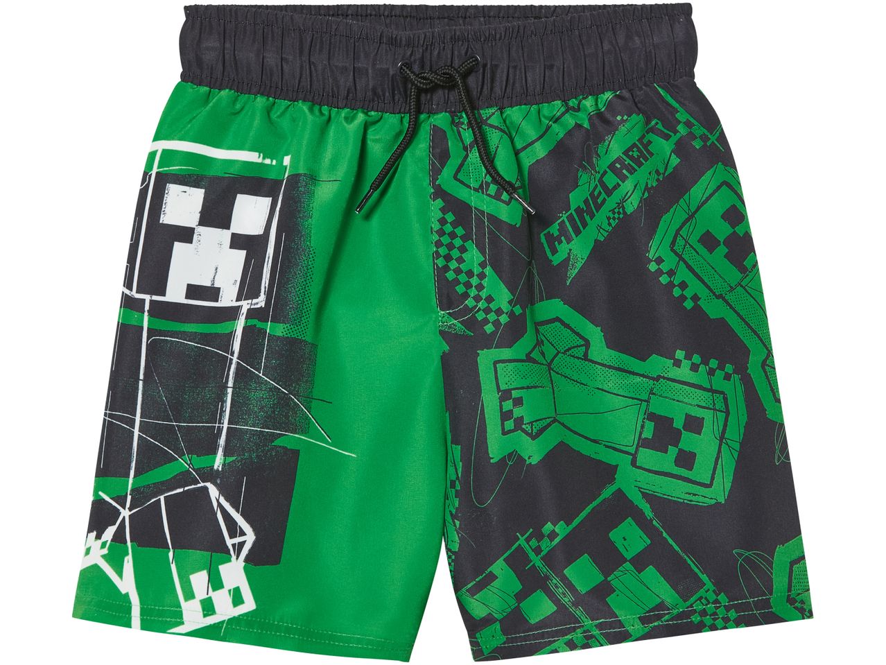 Minecraft boys' swim trunks in green and black.