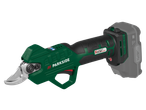 Tesoura de poda elétrica sem fio verde e preta com bateria cinzenta.