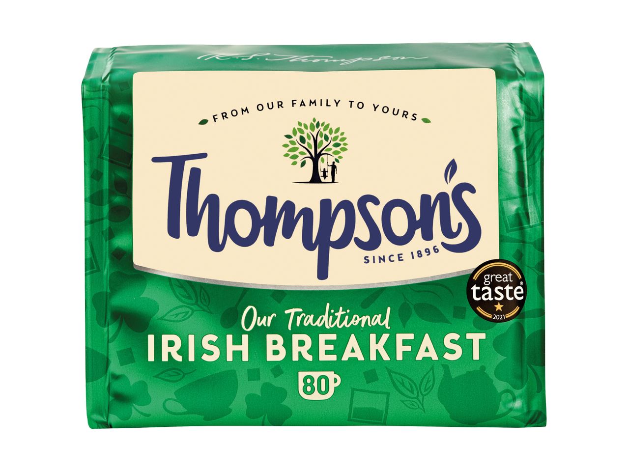 Green package of traditional Irish breakfast tea bags, 80 count, with a 'great taste' award.