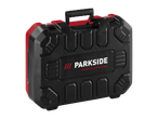 A Parkside Performance tool case, red and black, with a sturdy handle and latches.