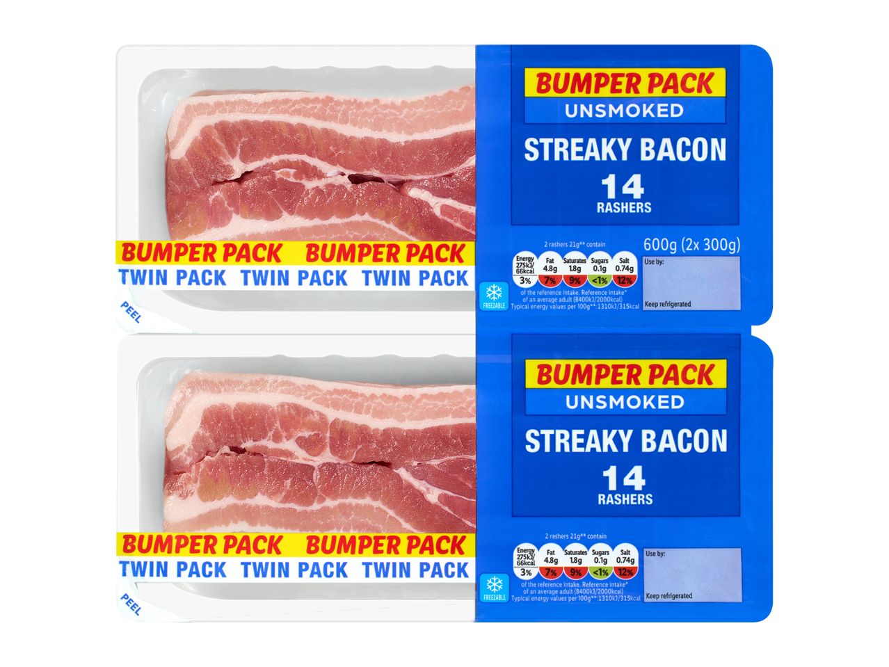 Two packs of unsmoked streaky bacon, each containing 14 rashers.