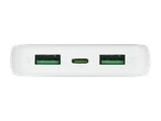 White power bank with two USB-A and one USB-C port.