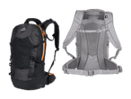 Schwarzer Wanderrucksack in der Vorderansicht und grauer Rucksack in der Rückansicht