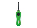 Green utility lighter with a black igniter button and a long black nozzle.