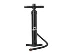 Black hand pump with a hose and nozzle, used for inflating items like paddleboards.