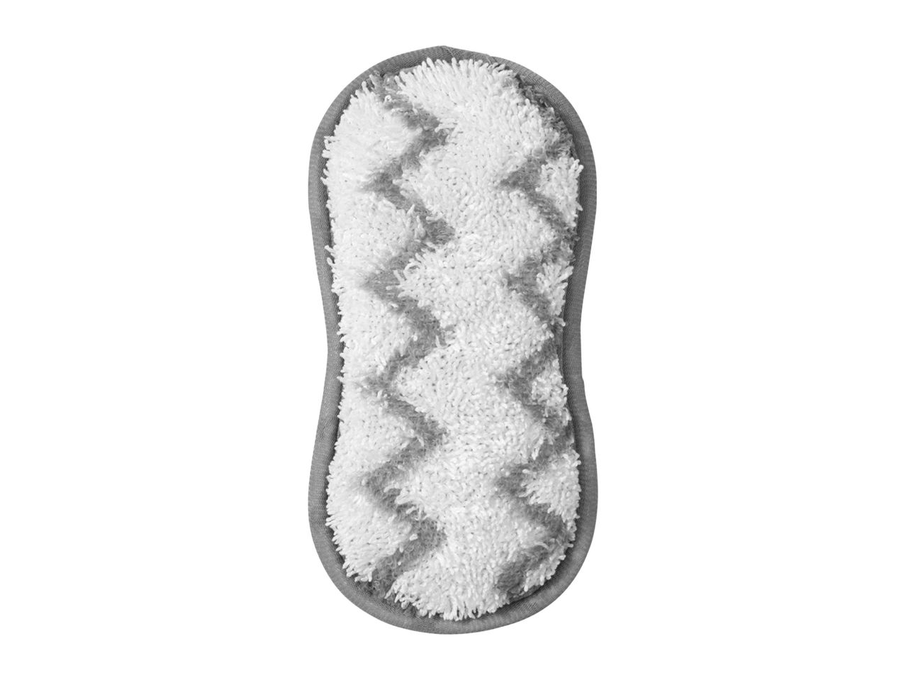 A gray and white microfiber mop head with a textured pattern.