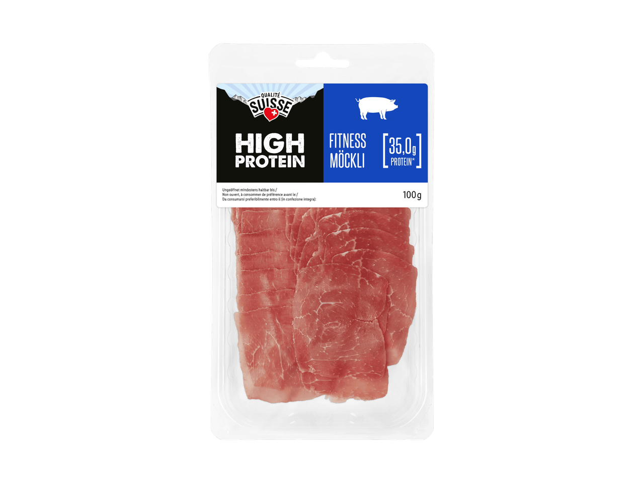 Confezione di carne affettata di maiale ad alto contenuto proteico.