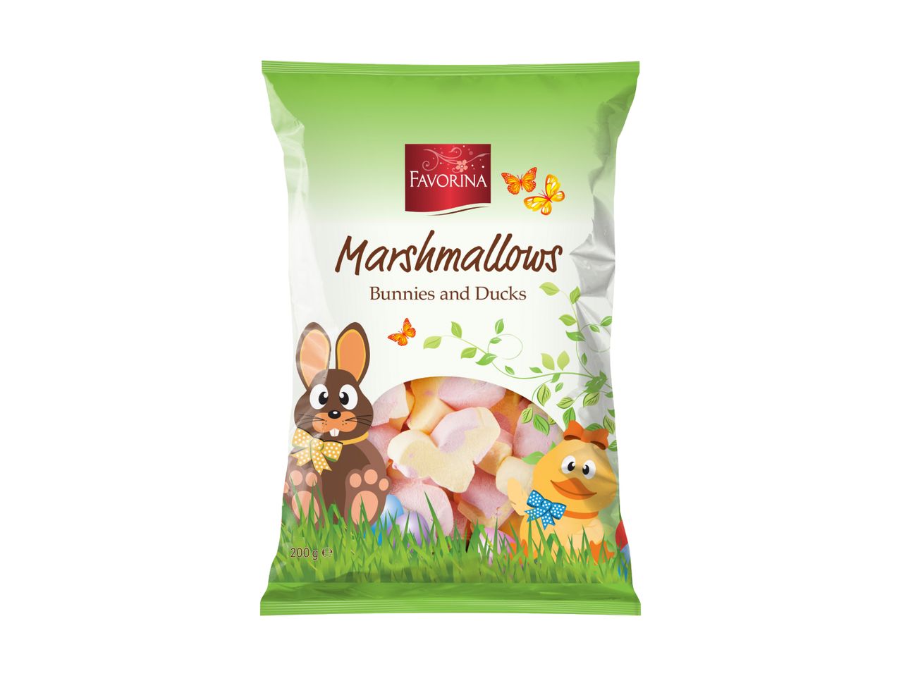 Marshmallows in bunny and duck shapes, with Easter-themed packaging.