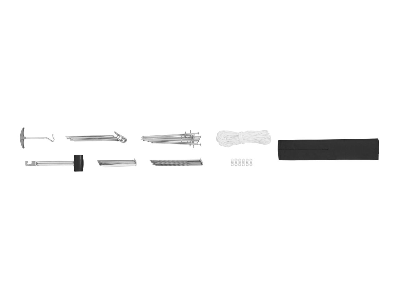Tent repair kit with stakes, mallet, rope, and patches.