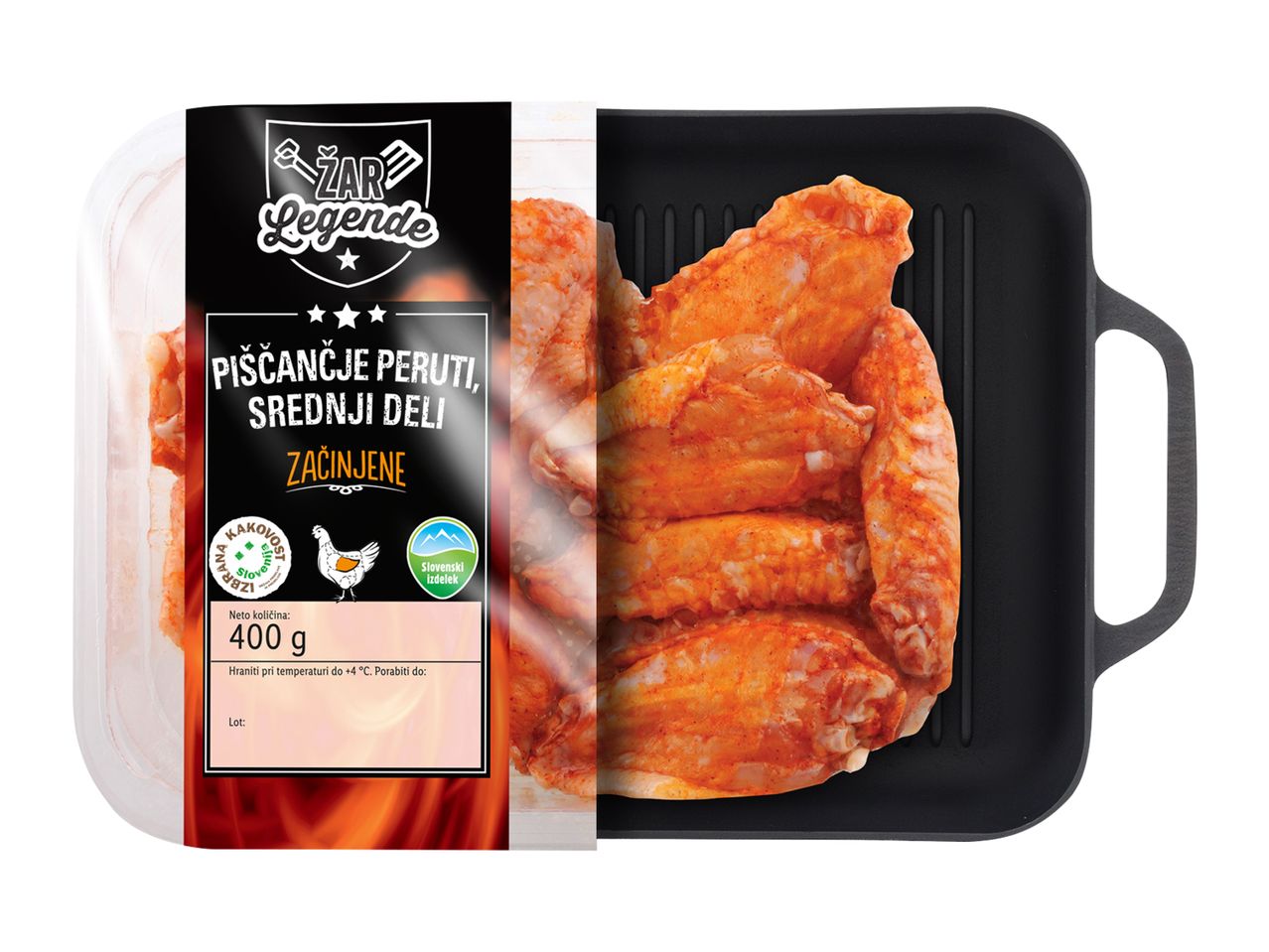 Marinirana piščančja krila v črni posodi, blagovna znamka My Chef.