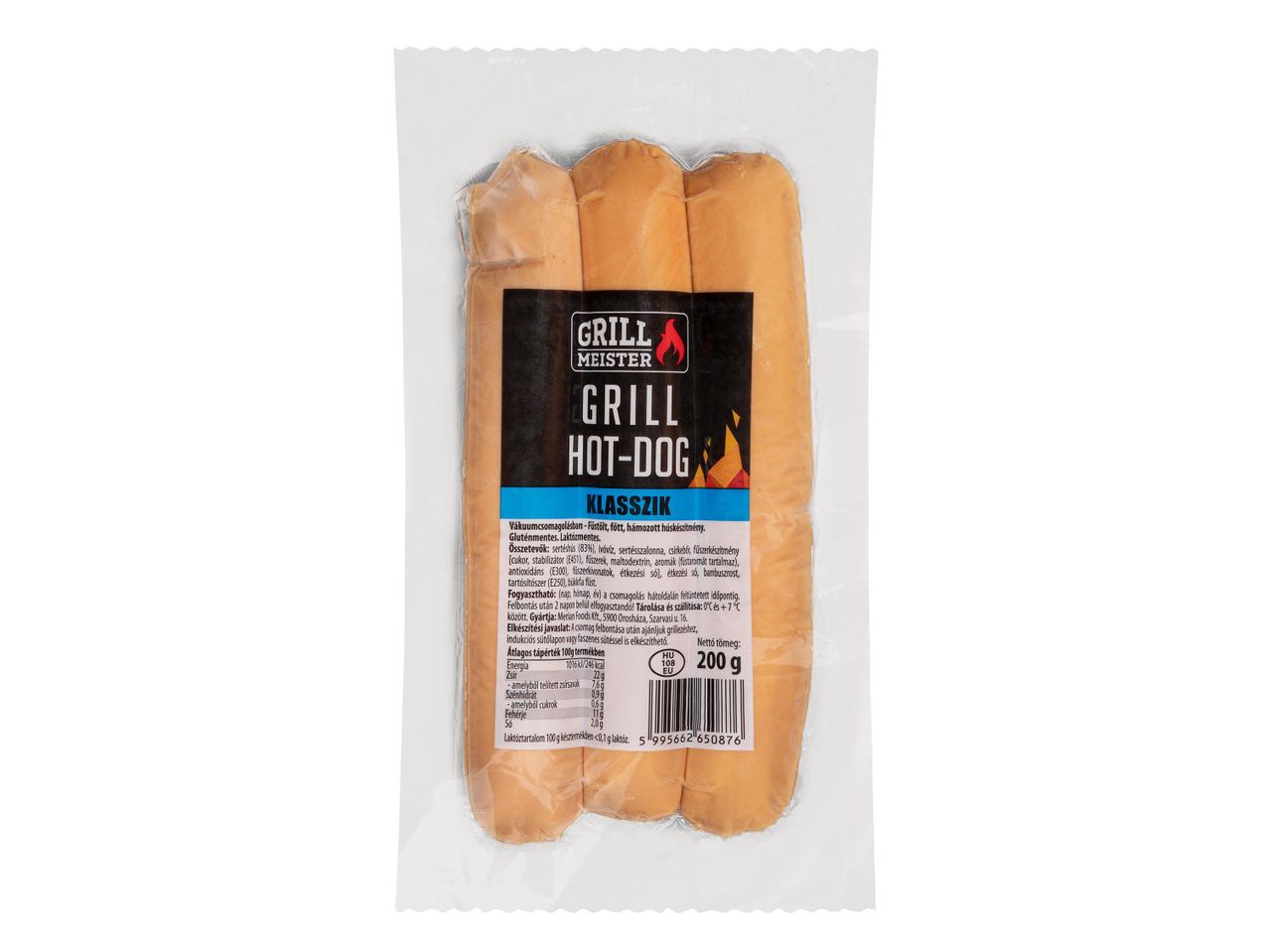 Grill Meister klasszikus hot-dog kolbászok vákuumcsomagolásban.