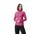 A woman wearing a pink Crivit Ladies' Long Sleeve Sports Top and black leggings.