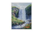A diamond painting kit featuring a waterfall landscape with green hills and colorful flowers.