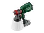Cordless paint spray gun with a green body, red nozzle, and a white container.