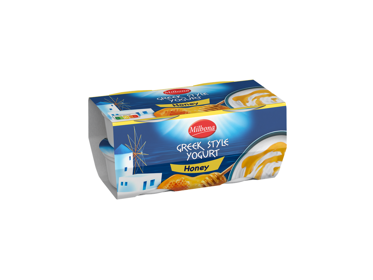 Yaourt grec Milbona au miel en pack de quatre.