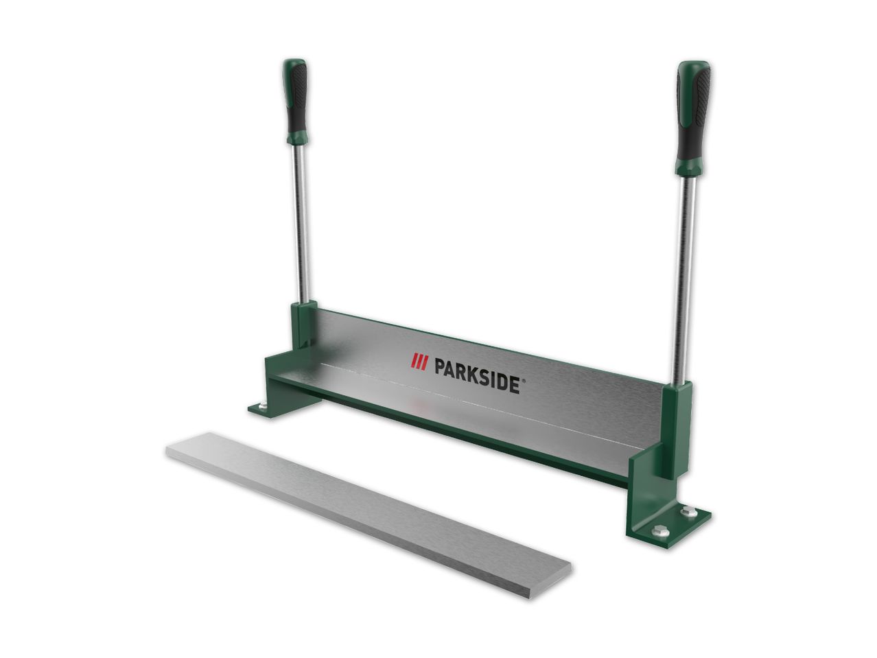 Parkside Metallbiegemaschine mit zwei Handgriffen und einem zusätzlichen Metallstück.