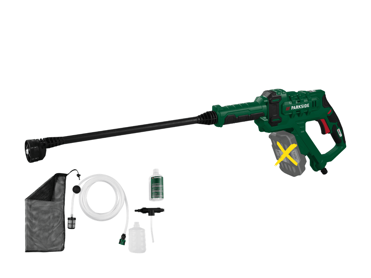 Akku-Hochdruckreiniger mit Lanze, Schlauch, Filter, Reinigungsflasche und Zubehör.