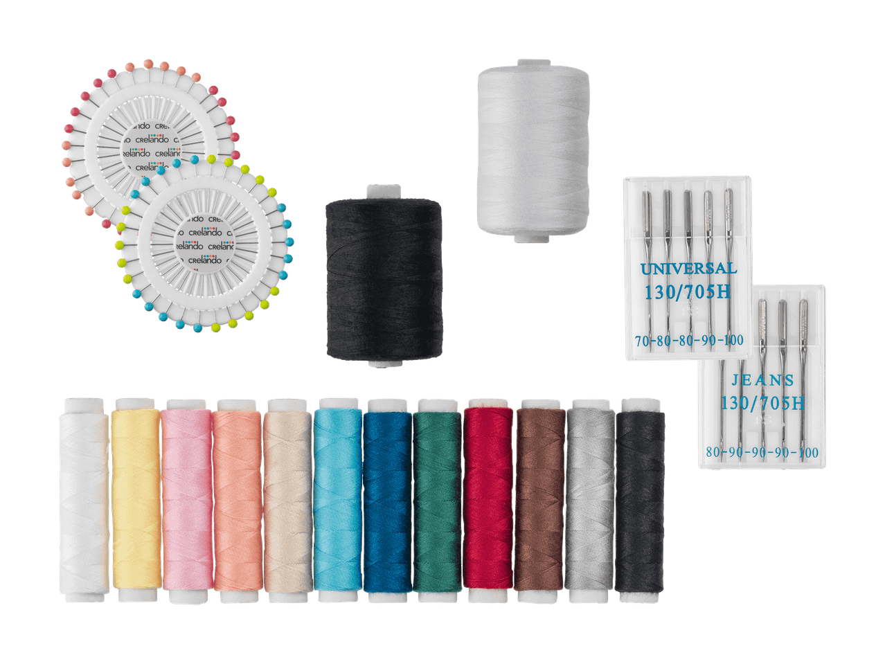 Kit de couture avec épingles, bobines de fil colorées et aiguilles de machine à coudre.