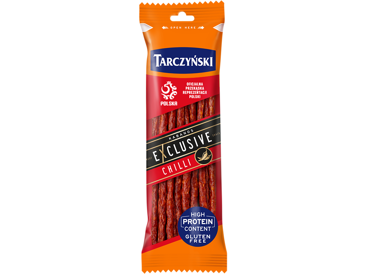 Tarczyński Exclusive Chilli kabanosai – aštrūs, aukštos baltymų koncentracijos, be glitimo.