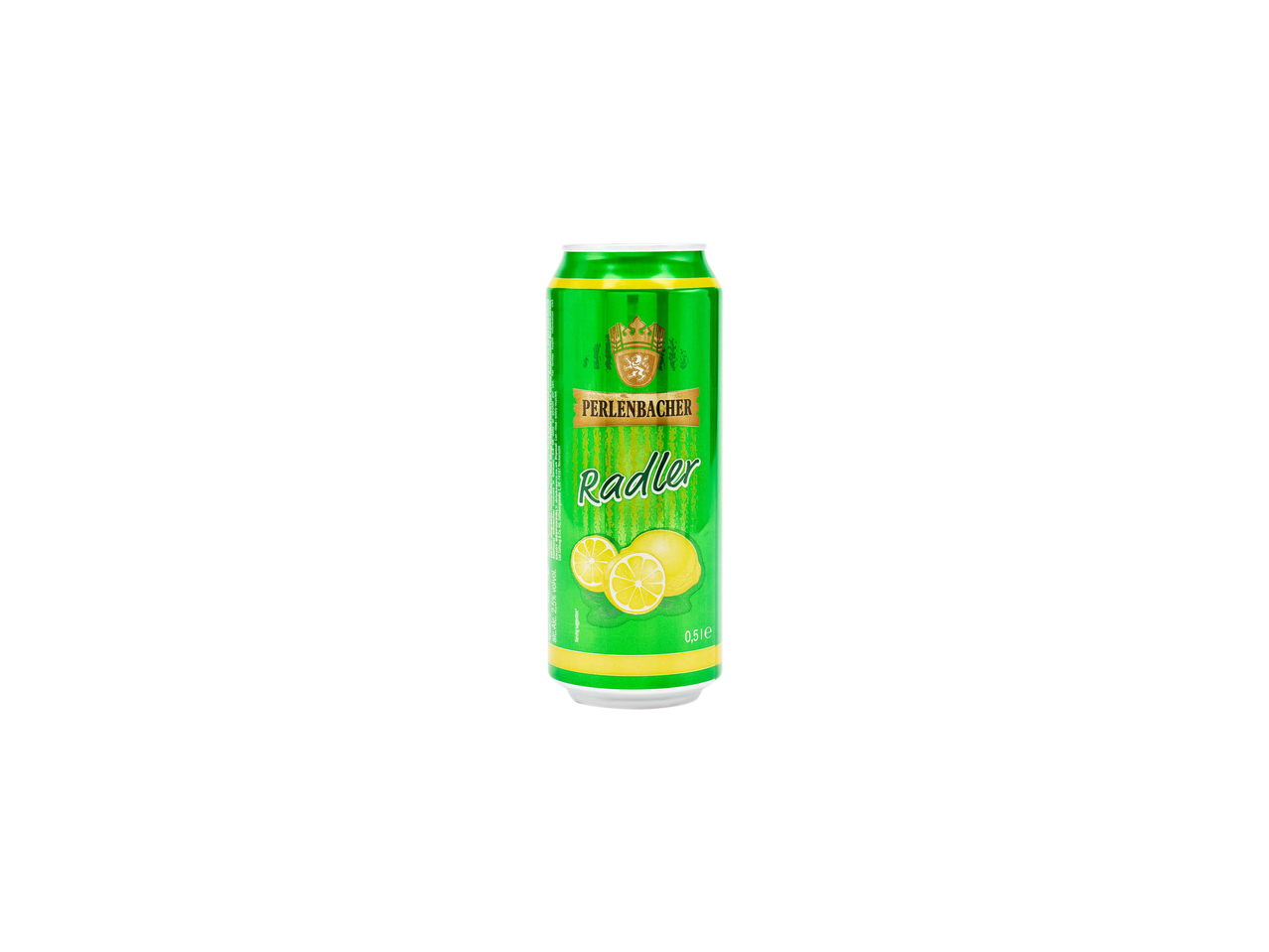 Lattina verde di Perlenbacher Radler con limoni e testo.