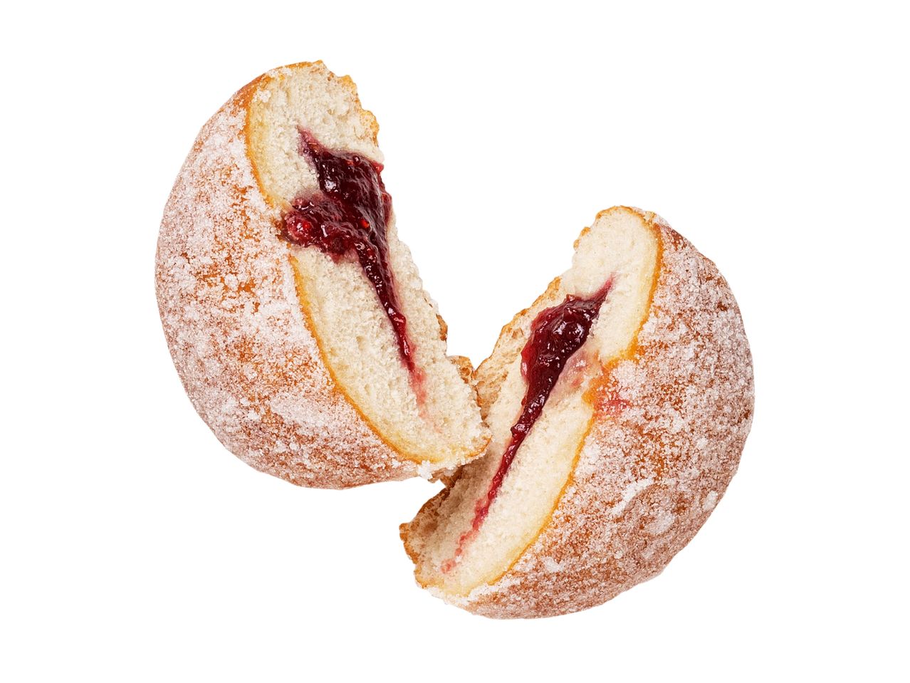 Kaksi hilloa sisältävää munkkia, sokerilla kuorrutettuja.