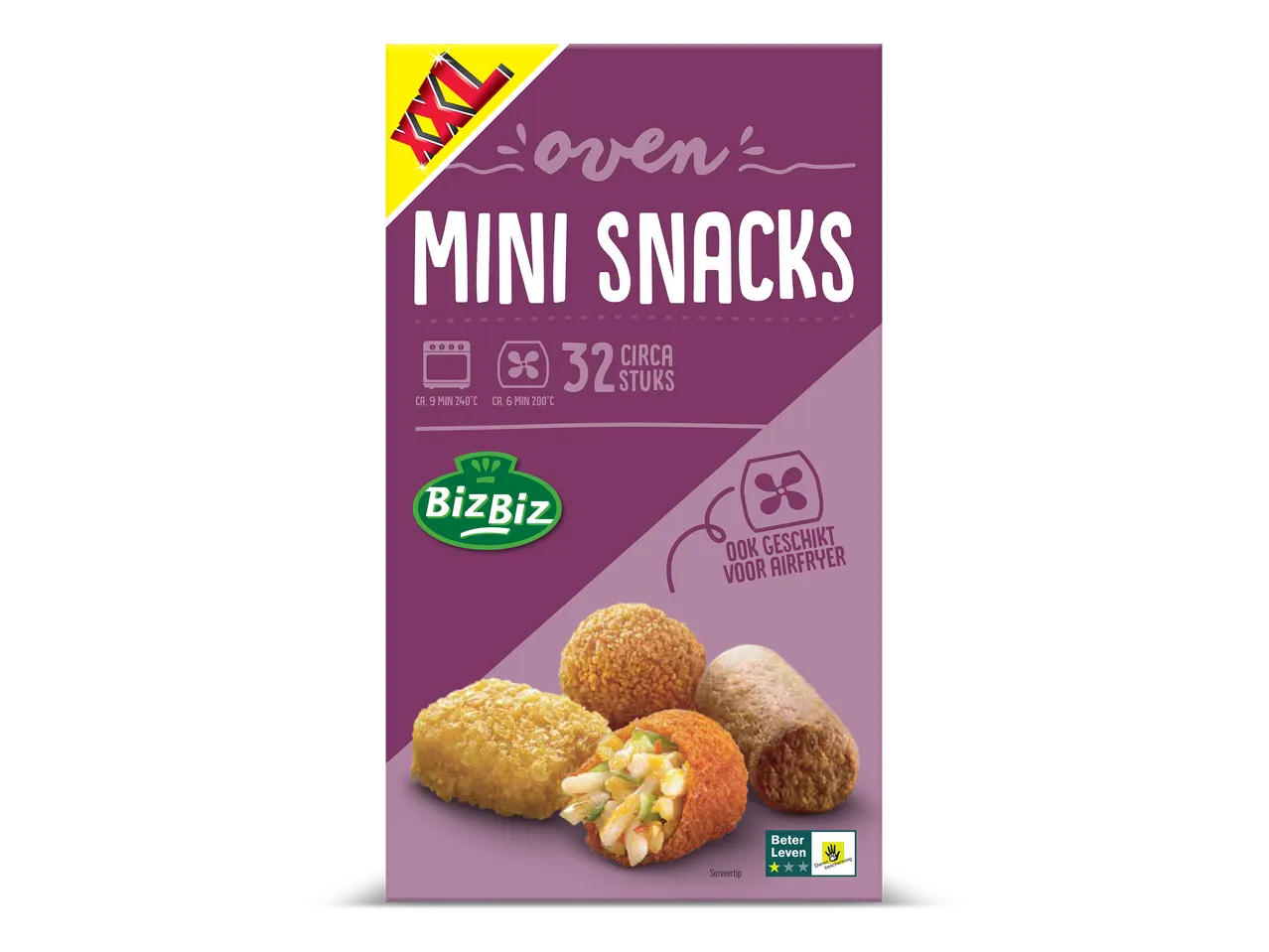 Verpakking met mini snacks, geschikt voor oven en airfryer, met 32 stuks.