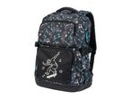Black backpack with a skateboarder graphic and skateboard pattern.