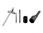 A set of Parkside power tool accessories including a ruler, two saw blades, and two dust extraction adapters.