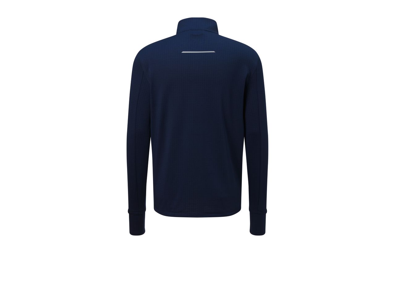 Dark blue men's long-sleeved running top with a reflective stripe on the back
