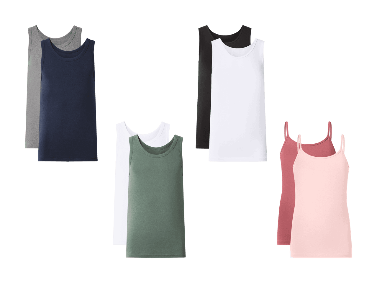 Plusieurs débardeurs et caracos de différentes couleurs : gris, bleu marine, noir, blanc, vert, rose et vieux rose.