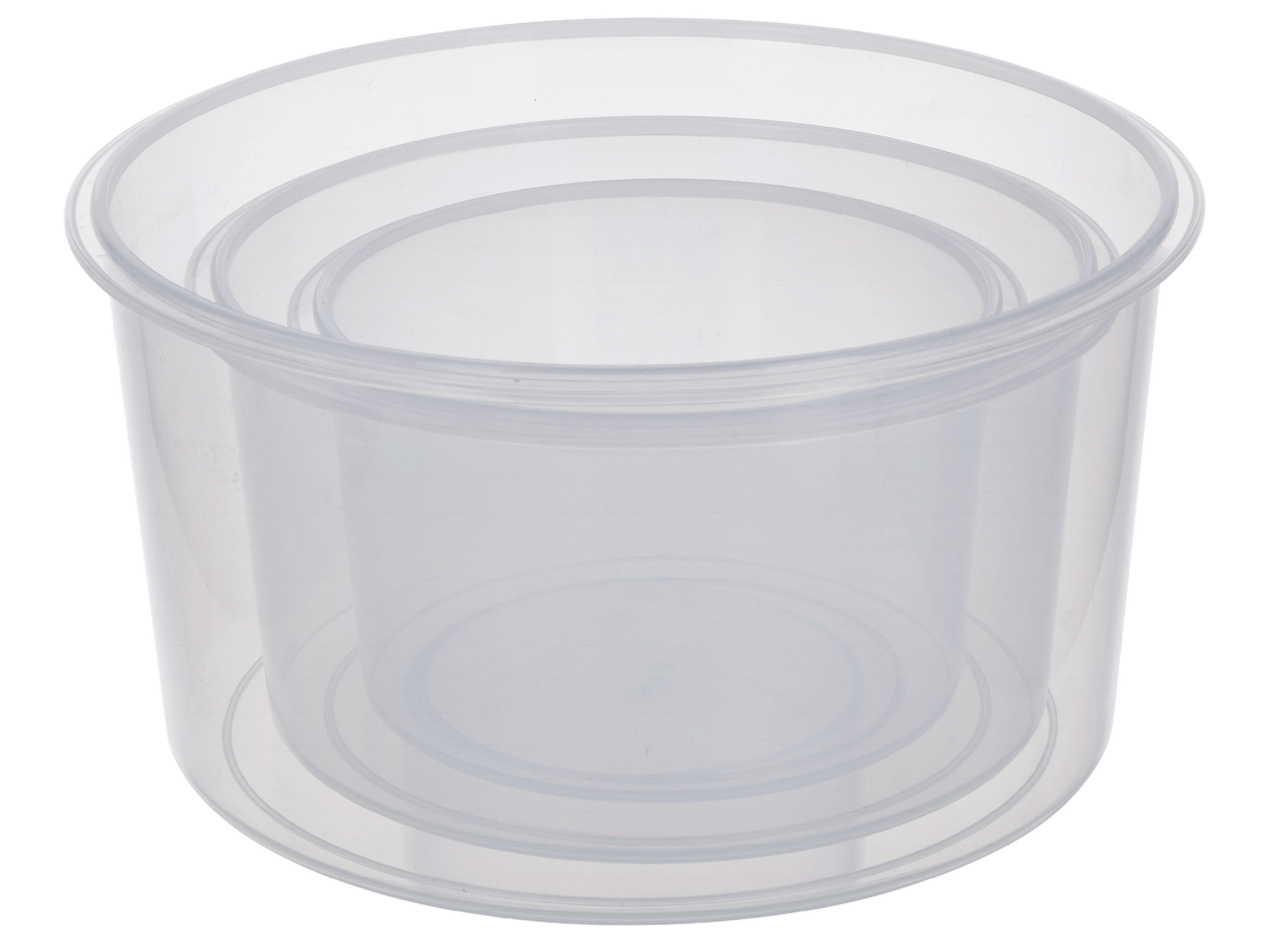Прозрачна пластмасова кутия за съхранение на храна с кръгла форма.