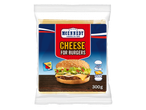 Fromage pour burgers en tranches, emballage de 300g avec un burger et des ingrédients.