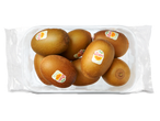 Een doorzichtige verpakking met acht goudkleurige kiwi's, elk met een sticker.