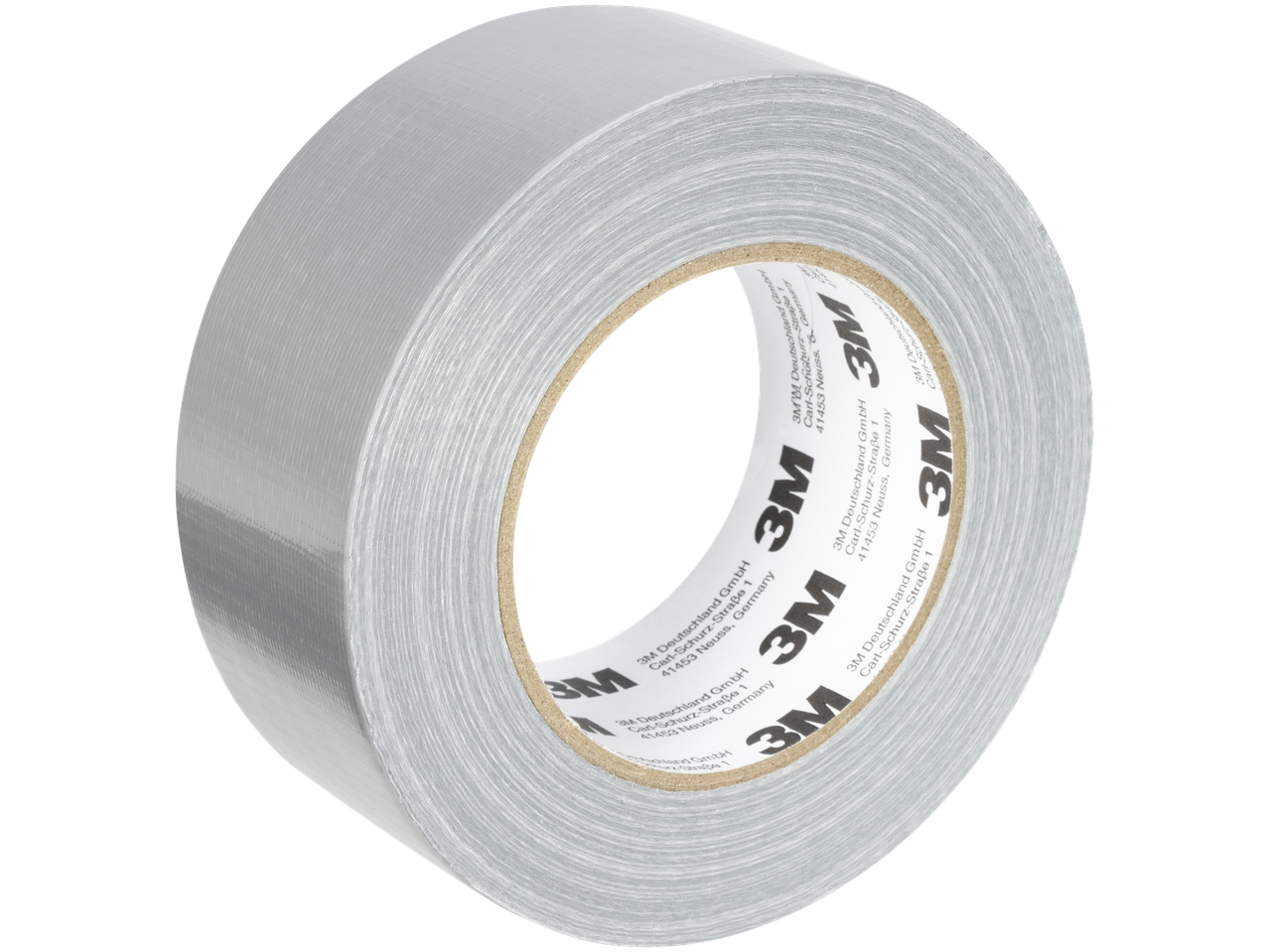 A roll of silver 3M duct tape with visible branding and address details on the inner core.