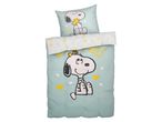 Snoopy ágynemű garnitúra, világoskék alapon, sárga szívecskékkel.