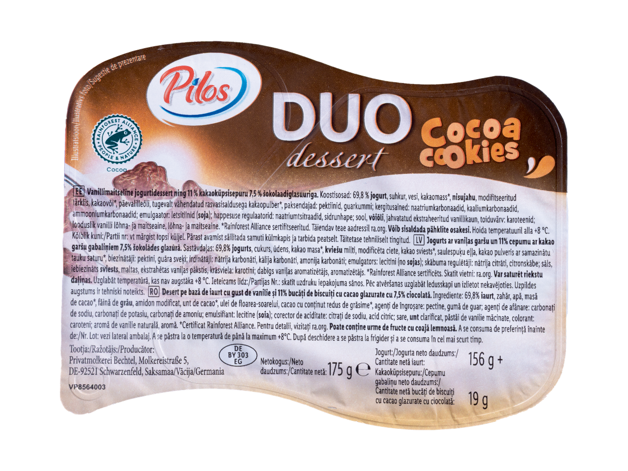 Desert Pilos Duo Cocoa Cookies cu iaurt, aromă de vanilie și bucăți de biscuiți glazurați cu ciocolată.