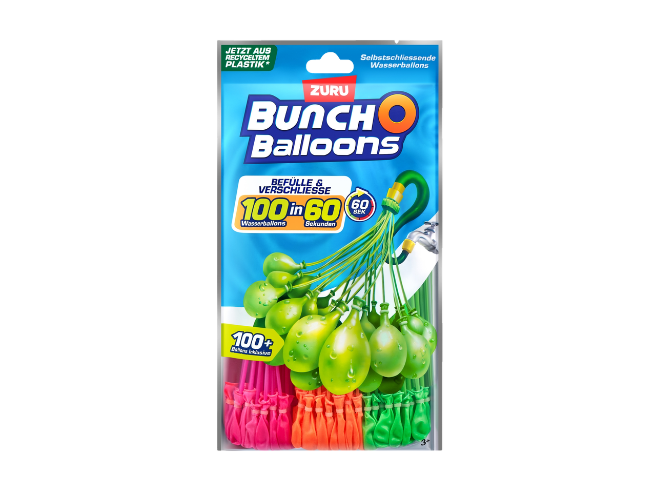 Packaging for self-sealing water balloons, showing green, orange, and pink balloons.