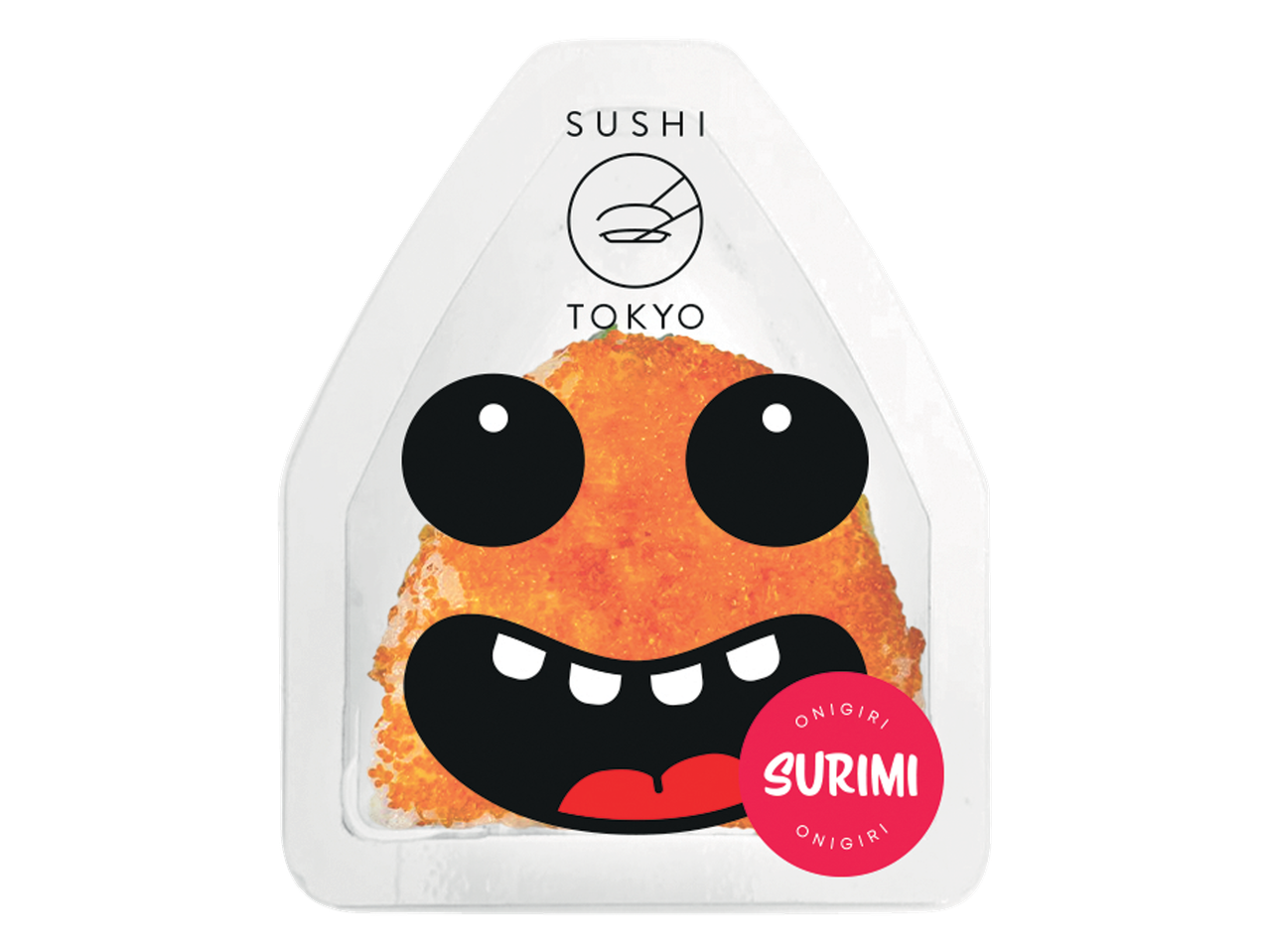 Onigiri Surimi met cartoongezicht in witte verpakking met Sushi Tokyo-logo.