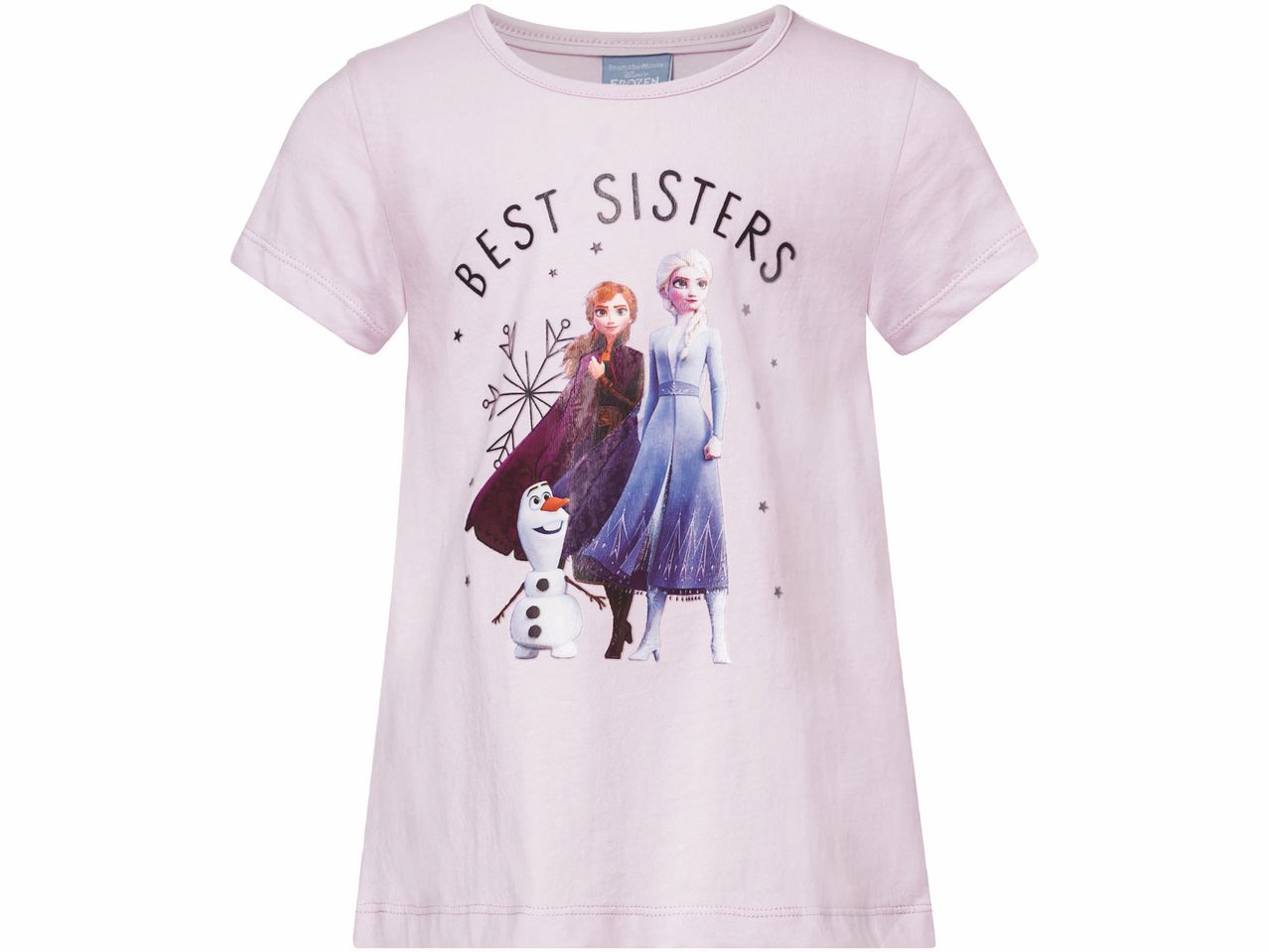 Maglietta rosa chiaro con stampa di Elsa, Anna e Olaf di Frozen e la scritta 'BEST SISTERS'.