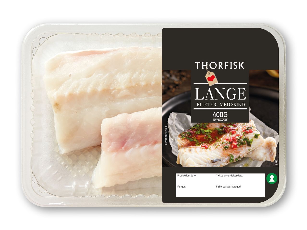 Thorfisk Langefilet med skind (400g) i klar plastbakke.