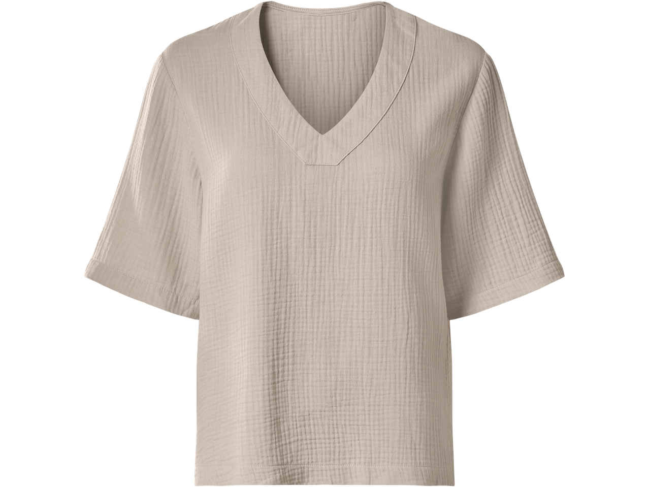 Bézs színű, V-nyakú, rövid ujjú női blúz, muszlin anyagból.