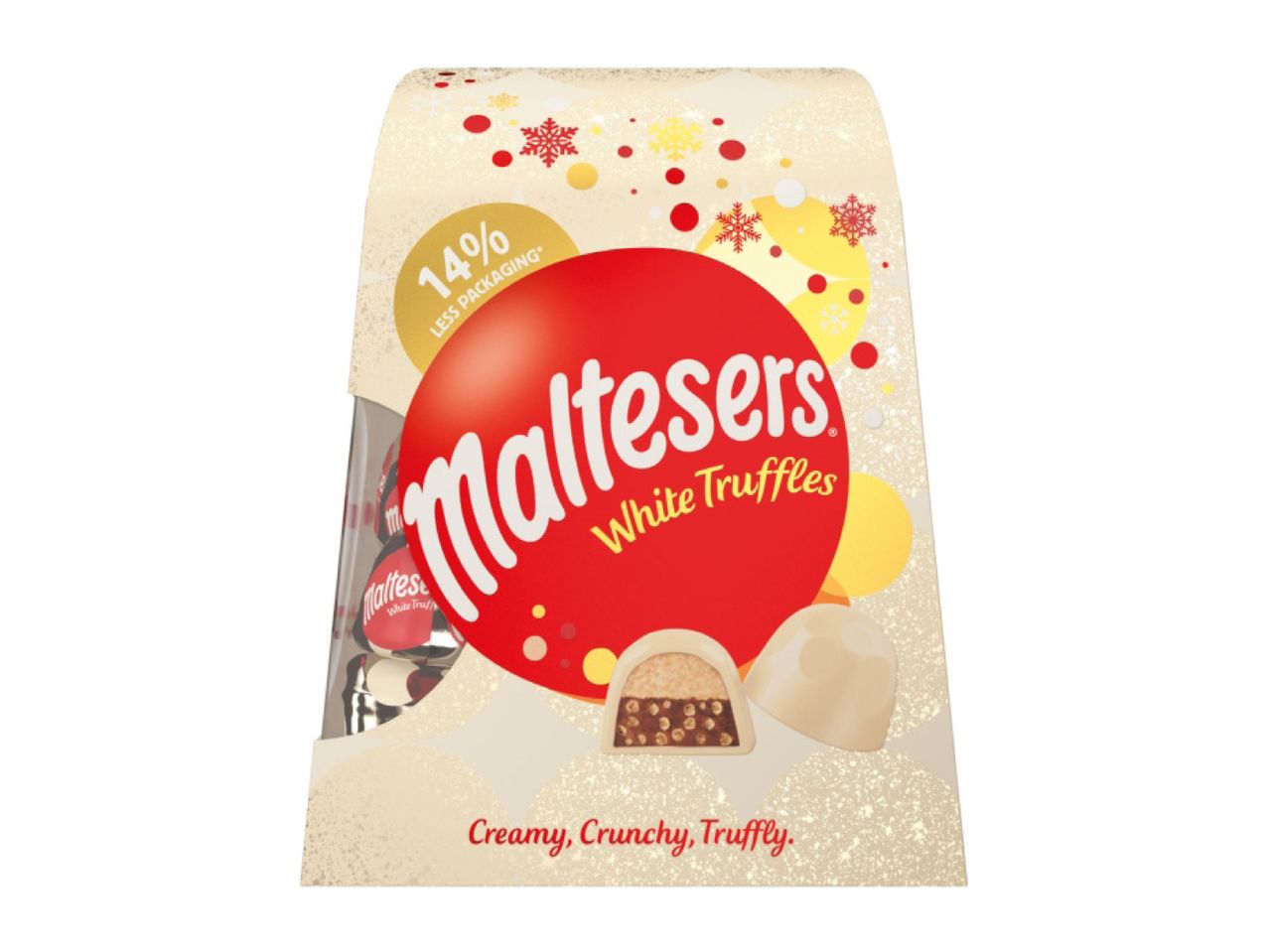 Maltesers White Truffles box with 14% less packaging, showing truffles and text.