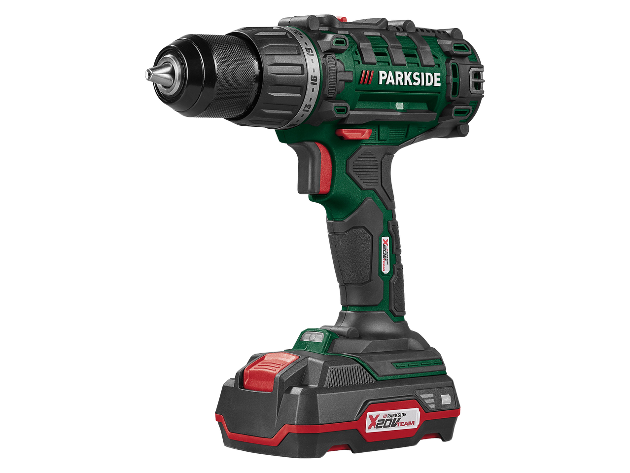 Zöld és fekete akkus fúró-csavarozó, piros gombokkal és akkumulátorral.