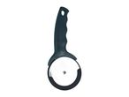 Dark grey pizza cutter with a comfortable handle and a stainless steel wheel