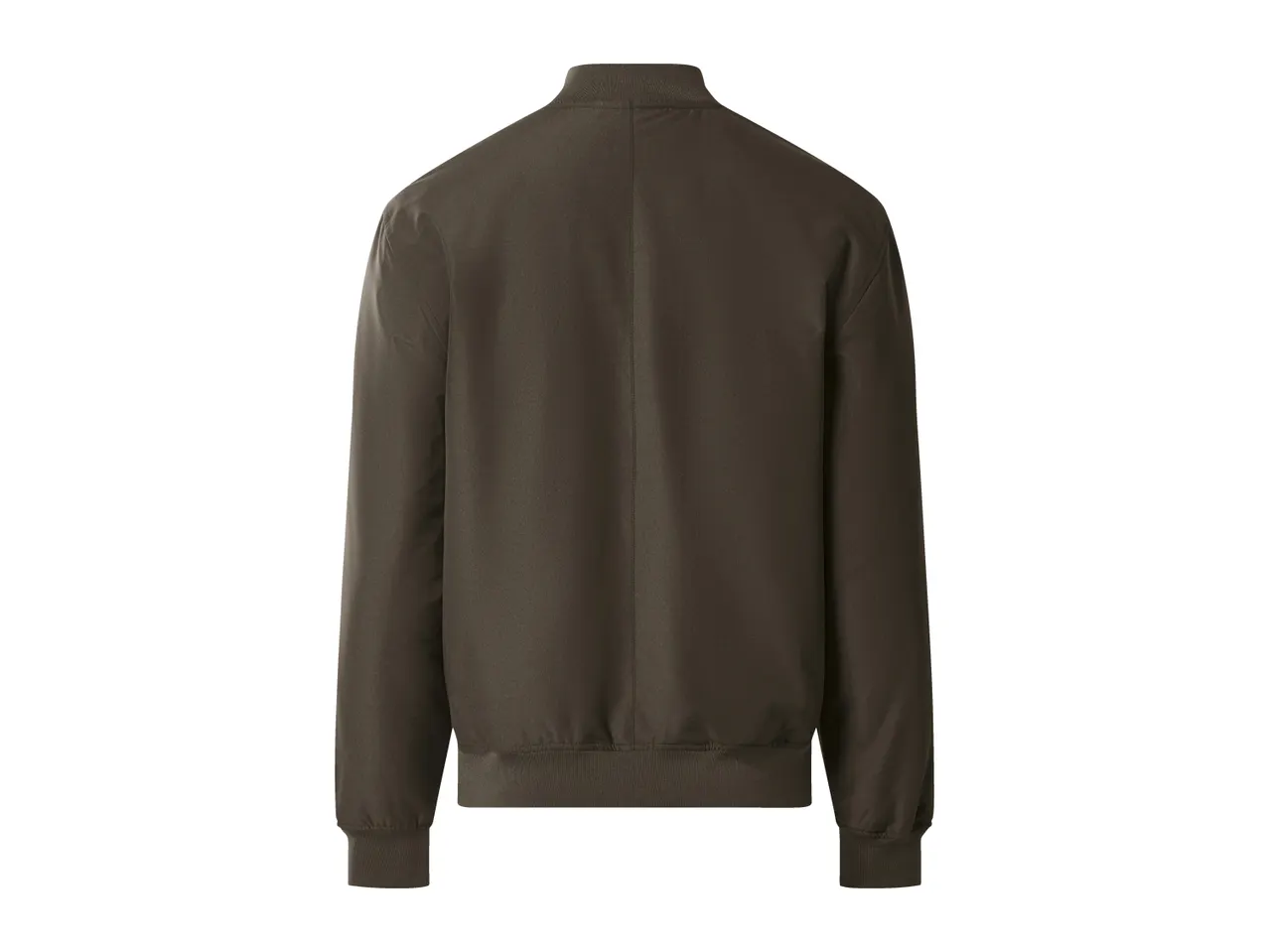 Dark green men's bomber jacket, back view.