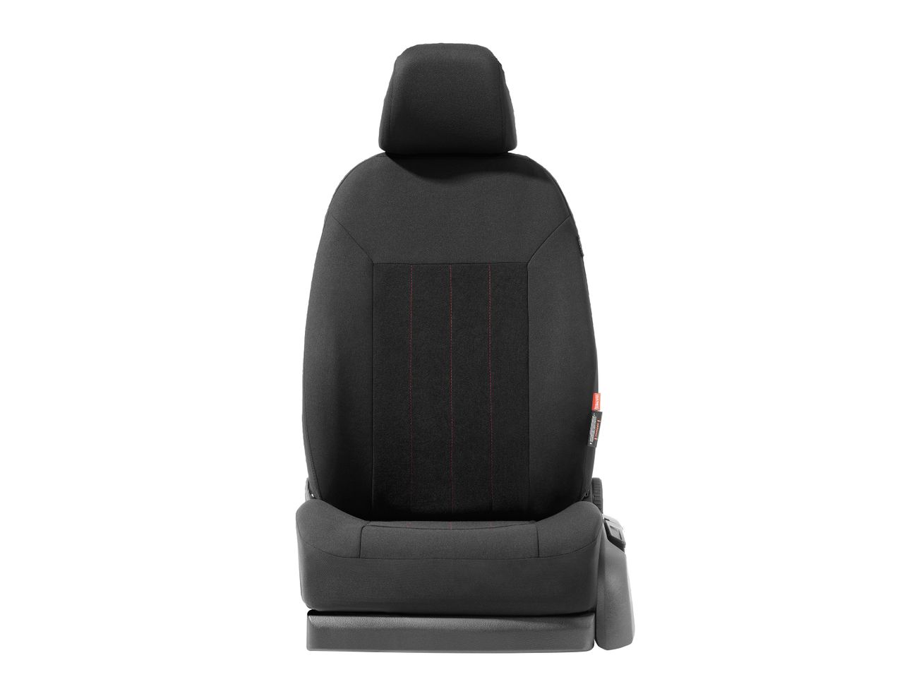 Black car seat with red stitching and a warning tag