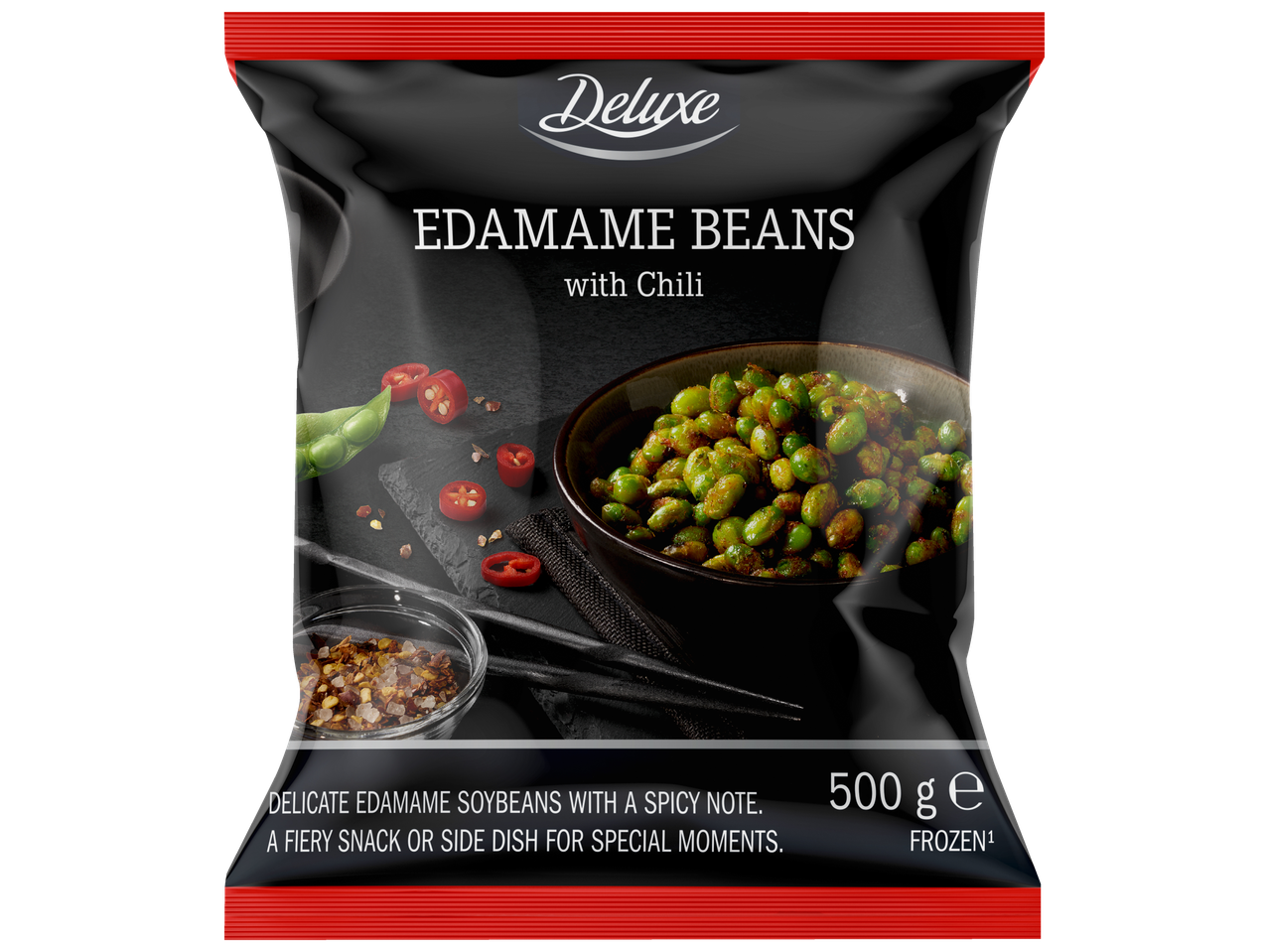 DELUXE Boabe de Edamame cu Chili, 500g congelate, o gustare picantă sau garnitură.