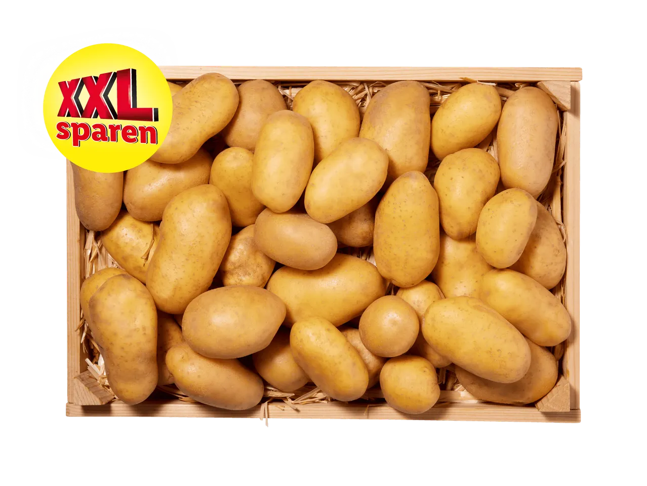 Eine Holzkiste voller Kartoffeln mit einem gelben „XXL sparen“-Aufkleber.