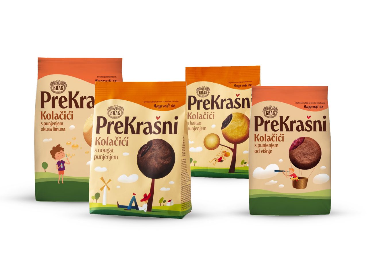 Četiri pakiranja PreKrasni zdravih keksića u različitim okusima.